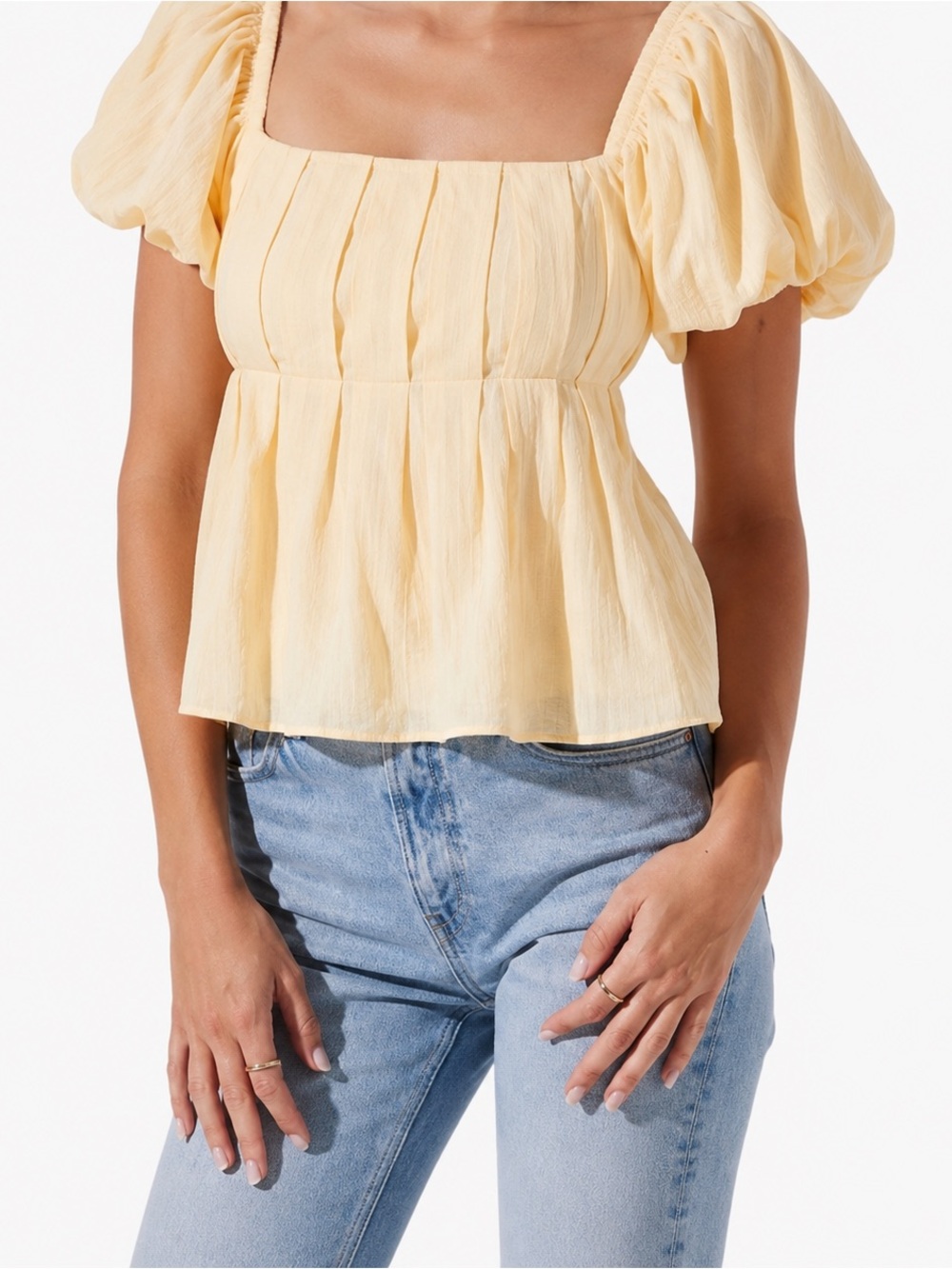 ASTR The Label Yellow Puff Sleeve Open Back Peplum Top Size Small